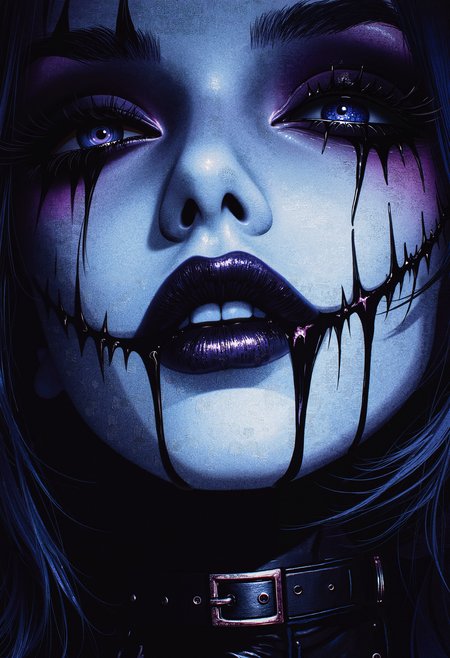 bo-chromatic, a close-up illustration of a woman with dark makeup and striking features, showcasing a vampire theme<lora:bo-chromatic-000017.safetensors:1.0:1.0>
