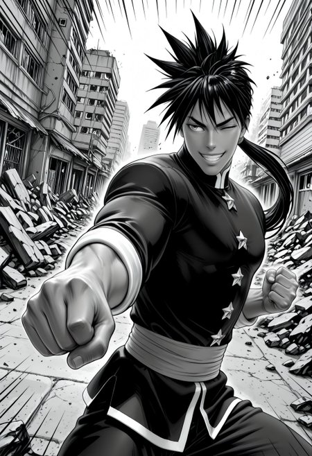 SmoothNoob_Quality, (Murata Yuusuke:1.3), manga style, greyscale, 1boy, opm_suiryu, muscular male, gakuran, rubble, grin, ponytail, martial arts, debris, fighting stance, emphasis lines, cowboy shot, building, destruction, street, foreshortening,​​​ dynamic angle, one eye closed, chenched hand,<lora:Suiryu_R2:1>