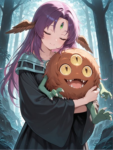 witch of the black forest, 1girl, closed eyes, smile, black forest, :o, collarbone, brown head wings, black long dress, green third eye, closed mouth, slit pupils, open mouth, fangs, monster hug, 1other, monster, sangan,
masterpiece,best quality,amazing quality,very aesthetic,absurdres,newest,<lora:Witch of the Black Forest illusXL v1.4:0.7>,