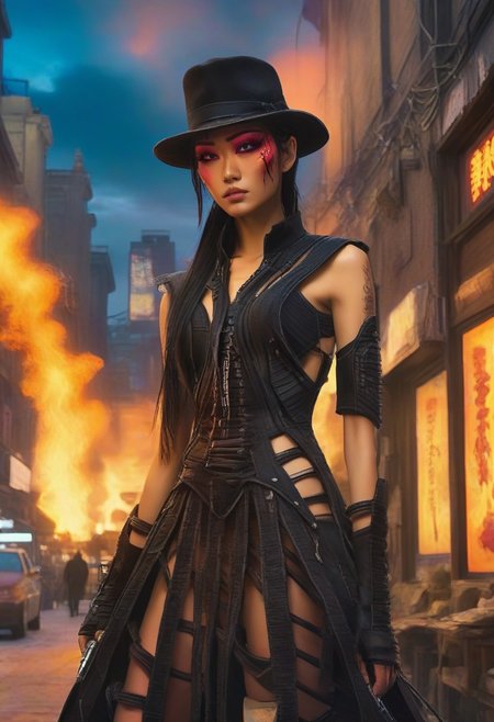 ((masterpiece, best quality, highly detailed)), cowboy shot, an asian skinned woman, stunning looks, demobaza, demobaza, The Hateful Eight film style, ((tall hat:1.3)), ((swords, (((flaming sword))), cyber sword in each hand, sword in both hands:1.5)), wearing an unusual dress, black combat boots, in the city, cyber punk background, neon lights, short hair, brown eyes, demobaza, cyberpunk style, cyberpunk