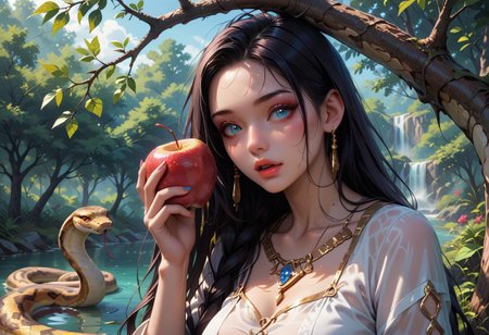 score_9, score_8_up, score_7_up, score_6_up, score_5_up,  dynamic camera angle, 1girl, scene of a girl watching a snake, BREAK, 1girl, beautiful 24 years, very long dark hair, medium breasts, dazzling blue eyes, white tunic, holding apple, mouth open, about to bite apple, standing under a lush fruit tree, looking at snake, BREAK, ((snake in frame, snake hanging from a tree branch, snake watching girl, snake's head dangling next to girl)), BREAK,
foreboding, high definition, best quality, ultra detailed, 8k