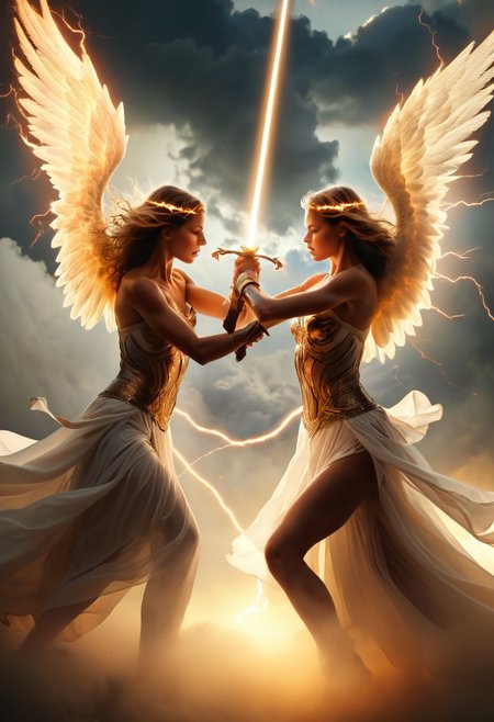Duel, 2girls, angel girls, mud, clouds, lightning, detailed faces , fierce fight in a duel, 
In the celestial realm, amidst clouds of ethereal light, two angels engage in a battle of cosmic proportions. Their wings, vast and majestic, unfurl with divine grace as they circle each other in a dance of combat. One radiates golden light, emanating an aura of righteousness and justice, while the other exudes an ominous darkness, cloaked in shadows born of rebellion.
Their swords clash with a thunderous resonance, each strike sending shockwaves through the celestial plane. Light and darkness intertwine, casting a mesmerizing display of colors across the heavens. The clash of their powers creates whirlwinds of energy, twisting and contorting the fabric of reality.
As the battle rages on, the angels exchange fierce blows, their determination unyielding. Each strike is imbued with the weight of eons, a testament to the ancient enmity that fuels their conflict. Sparks fly as their swords meet once more, a symphony of celestial fury echoing through the cosmos.
graphic style of novel comics, perfect hands, 2d,
8k, hyperrealism, masterpiece, high resolution, best quality, ultra-detailed, super realistic, Hyperrealistic art, high-quality, ultra high res, highest detailed, lot of details, Extremely high-resolution details, incredibly lifelike,