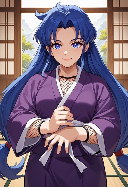 score_9,score_8_up,score_7_up,source_anime,5_figner,2d_animation,game cg,BREAK,1girl,solo,Yae,bule eyes,blue hair,low-tied long hair,parted bangs,very long hair,sidelocks.japanese clothes,purple kimono,ninja,fishnets,
middle breast,cowboy short,looking at viewer,front view,smile,
japanese room,
masterpiece,best qualit,ultra-detailed,illustration,an extremely delicate and beautiful,beautiful detailed eyes,unity 8k wallpaper,high resolution,anime CG,official_art,