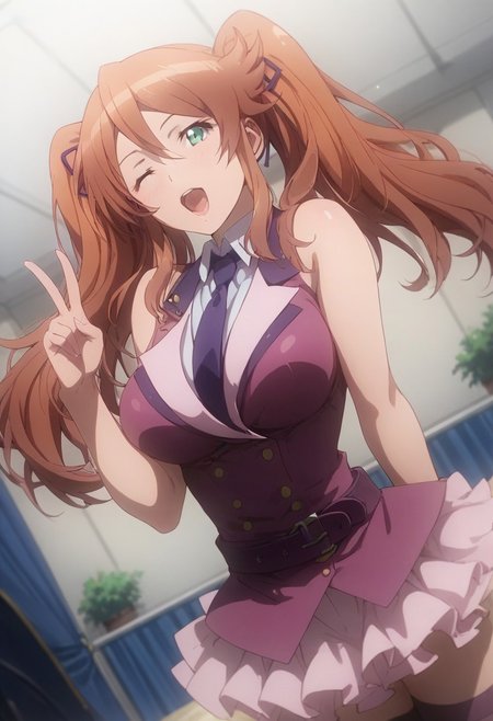 score_9,score_8_up,score_7_up, Expressiveh ,perfecteyes,   shiny skin, perfect composition,  
aya_sugihara, 1girl, twintails, long hair, brown hair, green eyes, blue eyes, breasts,
necktie, sleeveless, pink waistcoat, white collared_shirt, ribbon,
skirt, thighhighs, belt, bound wrists, zettai ryouiki, idol,
Dancing, on stage, idol pose, cowboy shot, dutch angle, upper body, wink,  open mouth, v ,