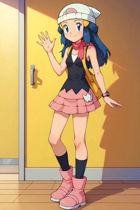 score_9, score_8_up, score_7_up, score_6_up, BREAK, DawnPXL, blue eyes, blue hair, long hair, ornament hair, white beanie, small breasts, pink scarf, yellow bag, sleeveless, black shirt, pink skirt, black socks, pink boots, solo, full body, standing, waving, seductive smile, looking at viewer, indoors  <lora:DawnPXL:1>