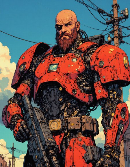A rugged cyberpunk warrior with a bald head, thick beard, and an eyepatch, equipped with massive red cybernetic armor. His mechanical arms are detailed with wires, gears, and pistons, showcasing a blend of human and machine. He holds a futuristic firearm while standing against a bright blue sky with industrial cables in the background. Comic book illustration style, highly detailed, vibrant colors, gritty texture