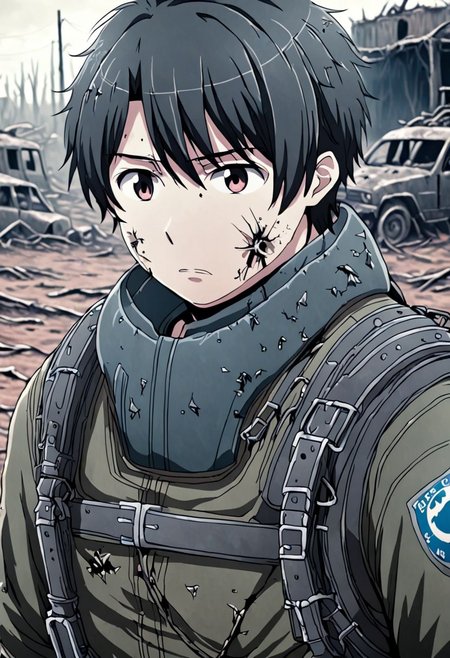 high resolution, solo, best quality, 1Boy, Inaho Kaizuka, Black Hair, shallow depth of field, Post-Apocalyptic, survival, OverallDetail