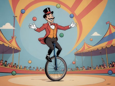 cartoon illustration, juggler on a unicycle in the circus ring  ,   vivid colors, flat colors    <lora:extremely_detailed:-1> <lora:Cartoon_SDXL_V2-fixed:0.8>cartoon