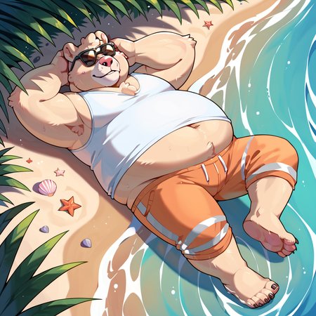 score_9, score_8_up, score_7_up, score_6_up, score_5_up, score_4_up, source_cartoon, pile, bear, beige fur, pink nose, tank top, orange pants, chubby, fat, <lora:Pile_Breeze_in_the_Clouds_PonyXL:1> outside, beach background, beach scenery, water, relaxing, laying down, looking at viewer, sunglasses, barefoot,
