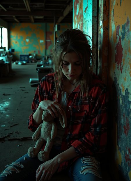 neon noir She is seated in an abandoned warehouse with peeling paint and cracked concrete floors. The lighting is dim, casting shadows on the walls and creating a somber mood. Her long hair is pulled back from her face in a messy bun. She wears ripped jeans and a plaid flannel shirt that has been washed so many times it is faded almost beyond recognition. In her hand, she holds a dirty stuffed rabbit with matted fur and torn ears. The room around her is sparse, with only a few pieces of furniture, mostly worn and broken.
This image captures a moment in time that seems to be frozen in history. A life lived hard and full of struggle. The young woman appears exhausted, as if she has been through too much to even attempt to smile. Her posture is slumped, her shoulders hunched forward in defeat. The dirty stuff bunny in her hand looks like it belongs more on the floor than in her lap.
The image has a dark and moody feel to it, with shadows casting long shapes on the wall behind her. The lighting is low and warm, giving everything a glow that seems to emanate from within. The subject matter itself is somber, but the composition, lighting, and artistic style create a cohesive image that is both haunting and beautiful.
This final prompt has been created using the combined elements of mood, lighting, composition, color palette, depth of field, texture, and material. The result is an image that retains all of the technical qualities of the original source while creating something new and aesthetically pleasing. . cyberpunk, dark, rainy streets, neon signs, high contrast, low light, vibrant, highly detailed
