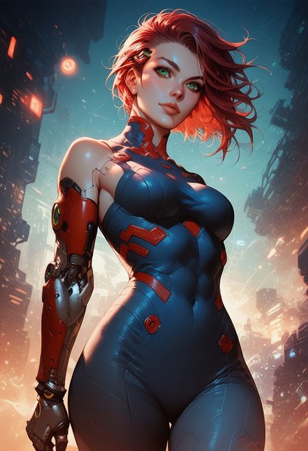 score_9, score_8_up, score_7_up, score_6_up, rating_questionable, 1girl, Jane, JaneRH, short red hair, swept hair, fit, medium breasts, green eyes, beautiful lips, pefect ass, HD32k,  cyberpunk, anime, cyberpunk scenario, armor, red tint, futuristic, front view, cowboy shot, perspective, detailed background, warpaint, prosthetic arm, sexy look