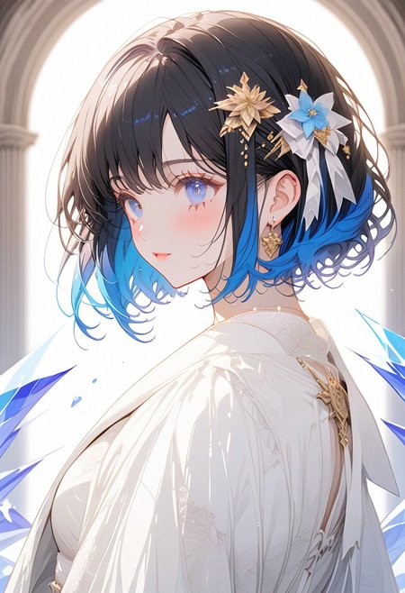1girl, solo, ((Shion Tachibana, Perfect Face, Short hair, Black hair, Multicolored Blue hair, Expressive eyes, Blue crystal eyes)), expressive face, blushing, closed mouth, perfect body, perfect breast, tall, white skin, wedding dress, gold ornament, hair ornament, church, blue sky, cinematic lighting , cinematic angle, soft light , color detail, backlighting, Depth of field, long exposure, light steps,  intricate colors, vibrant colors, negative_hand, easynegative, verybadimagenegative_v1.3,