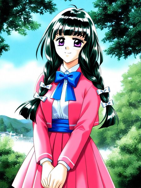 general,highres, ultra-detailed,very aesthetic,best quality ,best hands, BREAK  <lora:Kamiyama_Miko_kakyuusei_Ver2.0_IS:1>Kamiyama_Miko(kakyuusei), 1girl, solo, dark green hair,, long hair, purple eyes, twin braids, white bow, blunt bangs, hair bow, medium breasts,
pink jacket, bowtie, blue bow, shirt, jacket, white shirt, blue bowtie, pleated skirt, pink skirt, blue sash, 
 long sleeves, outdoor, 
v arms, smile,
standing, sky, day,