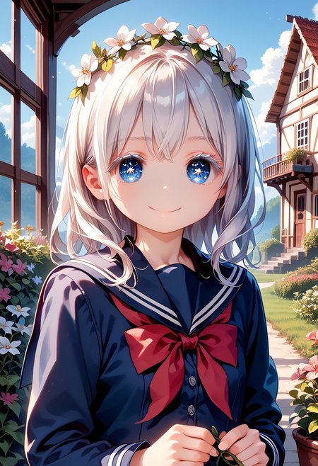 score_9, score_8_up, score_7_up, 1girl, okada style, masterpiece, best quality, ultra high res, smiling, happy, (detailed eyes:1.2), 8K, Best Quality, Masterpiece, Ultra High Resolution, (Realism: 1.4), Original Photo, (Realistic Skin Texture: 1.3), (Film Grain: 1.3), Sapphire Color Eyes and Beautiful Face Details, Highest Quality Picture Quality, white hair, blue eyes, (white eyeshadow), (white eyelashes) ,set in a fantasy world with sparkling stars, fantasy flower crown on her head, school uniform,messy, indoors, clutter, very aesthetic, scenery, outside, house, garden