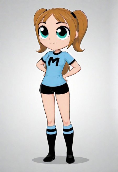 Score_9, (ppg), masterpiece, best quality, a ppg woman, powerpuff girl style, green blue eyes, blue shirt, long hair, brown hair, tied hair, bubbles, cartoon, cute, superhero, stylish letter M on the t-shirt, simple background, modernism, black pantyhose, smiling, looking at viewer