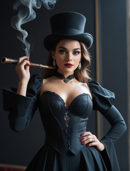 (lady, performer:1.2),(:0.8),person, costume, clothing, smoke pipe, looking at viewer, score_9, score_8_up, score_7_up, score_6_up