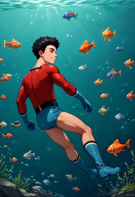 score_9, score_8_up, score_7_up, 1boy, solo, male focus, cute boy, young, Aqualad, Black Hair, Purple eyes, seductive smile, floating underwater, Red Scale Shirt, fish scales pattern, Blue Speedo, Blue Shorts, Male Swimwear, Blue Gloves, Blue Boots, Belt, from behind, looking back