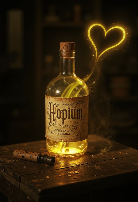 An ancient, magical bottle sits in the dim light of an old, shadowy antique shop, now open, with its cork lying beside it. The bottle is covered in dust, with an aged and brittle banderole wrapped around its neck, parts of it peeling away, revealing delicate, ornate lettering. In intricate, faded script, the word 'Hopium' is scrawled in flowing, whimsical handwriting. The bottle itself is worn, its glass stained with age, yet inside it holds a glowing, vibrant yellow liquid that seems almost alive, softly swirling and releasing faint wisps of steam.  As the liquid spills from the open bottle, it forms a mesmerizing yellow vapor that dances into the air, coalescing into the shape of a heart, radiating warmth and enchantment. From the bottle's opening, beams of radiant golden light escape, piercing the dusty air around it and illuminating the swirling heart-shaped mist.  The bottle rests atop a rustic, weathered wooden table, its surface scarred from decades of use, surrounded by other forgotten relics and trinkets. The surrounding shadows of the shop feel heavy, filled with the weight of time and mystery, but the glowing bottle and its heart-shaped vapor draw the eye, casting a magical glow on the ancient wood beneath. The scene is moody and enchanted, capturing a sense of forgotten magic and hidden power, infused with a feeling of wonder and allure. <lora:- Flux1 - vanta_black_V1.0.safetensors:0.5>, <lora:flux.1_lora_flyway_Epic-detail_v2.safetensors:0.75>,   <lora:aidmaGLOW-FLUX-V0.1.safetensors:0.5>,  <lora:n30nfilm.safetensors:0.85>,