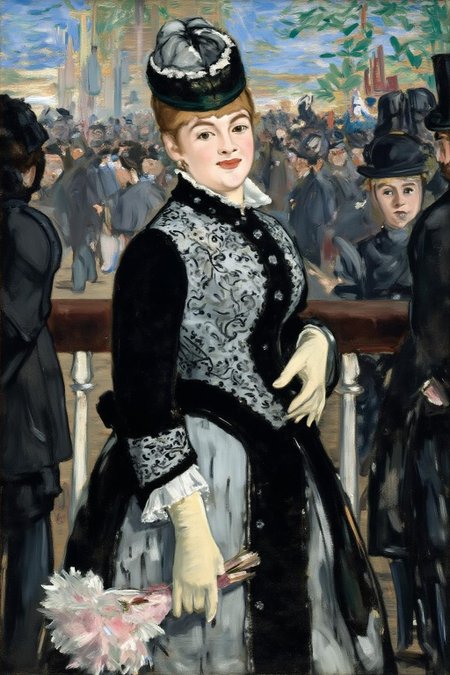 edmanet1 painting. 
The central subject is a woman, show in side profile view, standing beside a wooden railing. She is elegantly dressed in a dark, ornate Victorian-style dress with white lace and intricate black and white floral patterns. She is waring white gloves and is carrying a small bouquet of pink flowers.  She is turning her head side way to look at the viewer, smiling lightly.  There is a crow of people in the background behind her. <lora:edmanet1_cap_d6a3e13:1.0><lora:834763311288525296:0>