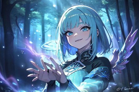 (masterpiece:1.4), 4K8K, (anime style), (high shutterspeed:1.4), (sharp edges), 
SyFyEye1, FanFo, 
femal angel  hands togather,  leaning foward, face focus, smile, closed mouth, 
wearing Celtic style dress, (Detailed face, Detailed eyes, Detailed lips), (solo), 
Fantastic Forest at fantasy night, Fantastic,