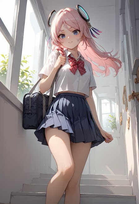 (score_9, score_8_up, score_7_up), 1girl, citlali, hair ornament, school uniform, short sleeves, bare legs, school bag, <lora:citlali-giPO-v1c:0.9>