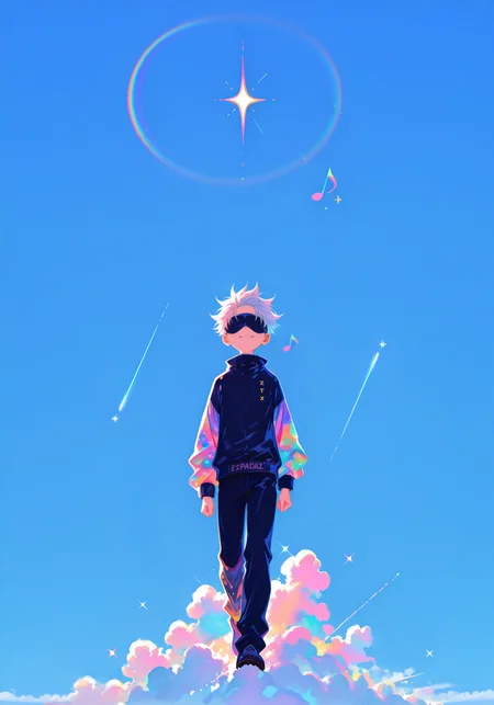 masterpiece, best quality, good quality, newest, highres, absurdres, very awa, vivid colors, flat color, 2D, strong lines, Pop Art, no lineart,no outline,  1boy, gojou satoru,gojou satoru \(jujutsu kaisen\),blindfold,
XUER guangying,
blue sky,walking,on cloud,happy,humming,musical note,rainbow,sparkle,sunlight,pastel colors,colorful,
(artist:quasarcake:0.8),extreme aesthetic,(wlop:0.6),honjou honjou raita,lack,rella,wanke,raita,Visual impact,A shot with tension,
Emotionalization,temperate atmosphere,with a high-end texture,in  the style of fashion photography,(Visual impact:1.2),giving the poster a dynamic and visually striking appearance,impactful picture <lora:TQ_Iridescent_Fantasy_Creations:0.8> <lora:MJ52:0.5> <lora:xl_more_art-full_v1:1> <lora:114558v4df2fsdf5:1>  <lora:illustrious_very_aesthetic_v1:0.5> <lora:XXX477:0.2>  <lora:sowasowart_style:0.3>   <lora:illustrious_flat_color_v2:0.6>  <lora:haiz_ai_illu:0.7>  <lora:checkpoint-e18_s306:0.75>