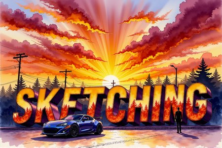 <lora:Vibrant_watercolor_v.21:0.99> A digital watercolor sketching featuring an urban scene. (The clearly visible towering reflective text  ("SKETCHING") are rendered with intricate, detailed reflections that catch the orange and red hues of the fiery sunset, each panel edge emphasizing the surreal quality of the installation). The sky is filled with intricate dramatic clouds swirling in vivid shades of gold and crimson, amplifying the intensity of the sunset. The street is depicted with sharp, angular shadows stretching across the pavement, while the sportcar and lonely sophisticated pedestrians are outlined with defined lines.