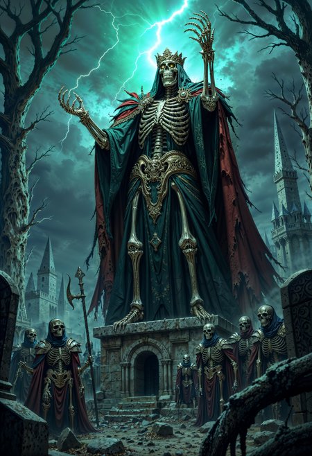 A majestic skeleton king, draped in tattered royal robes and a cracked golden crown, stands atop a crumbling crypt. His empty eye sockets glow with an eerie green light as he raises a bony hand, commanding a legion of undead soldiers who crawl from the earth beneath him. The landscape is a graveyard shrouded in fog, with crooked tombstones and gnarled trees framing the scene. A dark, stormy sky crackles with lightning as the skeleton king prepares to lead his army into the night. (maximum ultra high definition image quality and rendering:3), maximum image detail, maximum realistic render, (((ultra realist style))), realist side lighting, , 8K high definition, realist soft lighting, (amazing special effect:3.5),  <lora:FluxMythP0rtr4itStyle:0.8>