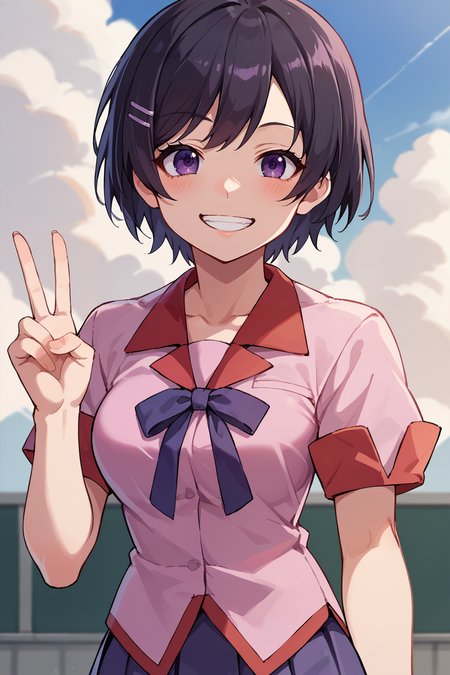 score_9, score_8_up, score_7_up, score_6_up, source_anime, BREAK 1girl, solo  <lora:tsubasa-pdxl-nvwls-v1-000005:1> altTsubasa, short hair, black hair, hairclip, purple eyes, pink shirt, school uniform, short sleeves, pleated skirt, peace sign, grin, medium breasts, upper body, sky, clouds, looking at you