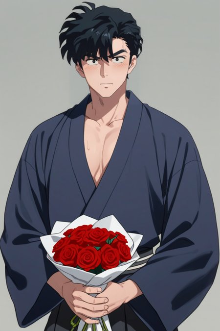 gay male, zPDXLxxx, source_anime, score_9, score_8_up, score_7_up, score_6_up, score_5_up, score_4_up <lora:Tatewaki_Kuno:0.7> 1boy, male focus, tatewaki_kuno, black hair, black eyes, thick eyebrows, japanese clothes, kimono, open clothes, large pectorals, holding bouquet of red roses, blushing <lora:Expressive_H:1> startled expression, expressiveh