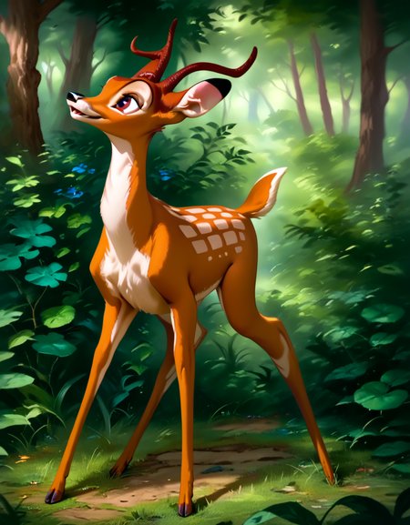 score_9, score_8_up, score_7_up, score_6_up,
bambi, adult, horns, deer, solo, ((Four legs,)) hyperdetailed, detailed fur, happy, forest, without stains on the back, full body,
<lora:add-detail-xl:0.8><lora:Bambi:1>  <lora:Furry Enhancer 6.1:2>