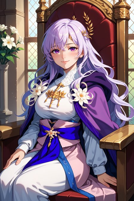 score_9, score_8_up, score_7_up, score_6_up, source_anime, 1girl, solo, <lora:fedeirdre-pdxl-nvwls-v1-000006:1> ftsdrd, wavy hair, white hair, long hair, purple eyes, hair ornament, white gown, purple cape, sash, long sleeves, flower, sitting, indoors, throne, medieval, looking at you, smile, closed mouth, blush, big breasts