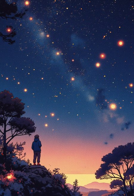 Watercolor art with glowing fireflies in a dark sky, matte-style intricate worlds, prairiecore vibes, colorful animation stills, and moody panoramas A digital artwork in the style of cknc,