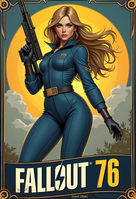 Imagine an Action Hero movie poster for a science fiction movie with art deco framing. Written across across the lower third of the poster in bold, block font are the words "Fallout 76".  The Hero woman with blue eyes an long hair holding an assault rifle steampunk, wearing a one-piece blue fallout 76 suit, in an action pose hero landing. xia, ArsMJStyle, Rococo Steampunk, detailmaximizer, vintage speedpaint, ossttn,