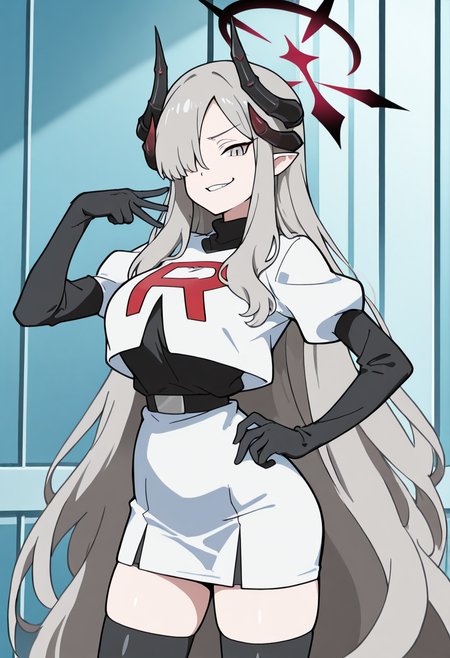 masterpiece, best quality, solo, curvy, beautiful eyes, narrow waist, wide hips, 1girl, solo, smile, looking at viewer,    zzMakoto, horns, long hair, grey hair, demon horns, black horns, halo, multiple horns, pointy ears, grey eyes,    <lora:HanumaMakotoBlueArchive_IXL_v1:1.0>,  , smile, looking at viewer, cowboy shot,  large breasts, smug, Cosplay_TeamRocket, team rocket uniform, white jacket, cropped jacket, white skirt, elbow gloves, black thighhighs, zettai ryouiki, <lora:CosplayTeamRocketIXL:1.0>,