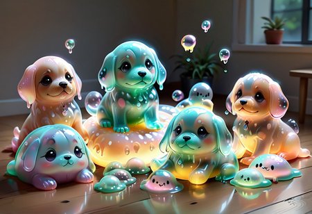 Cute slime-pet dogs, chibi style, translucent gelatinous bodies, glowing pastel colors. Puppy-like features: floppy ears, wagging tails, shimmering eyes gazing upward (owner out of frame). Playful poses: sitting, paws raised, some tilting heads. Cozy room with tiny toy bones, jelly bowls, soft pillows. Bubbles and sparkles around them, cheerful atmosphere. Cartoonish textures: glossy slime, subtle drips, soft lighting. Bright colors with neon accents, no humans, whimsical pet vibes, Sl1m3d, slime-morph