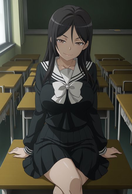 1girl,solo,mm,mature female,black hair,long hair,brown eyes,large breasts,anime coloring,
school uniform,serafuku,bow,skirt,black serafuku,sitting,on desk,school desk, crossed legs, looking at viewer, seductive smile, indoors
,masterpiece,best quality,amazing quality,<lora:Seiri_Fukiyose-Toaru_Majutsu_no_Index_IL:0.8>