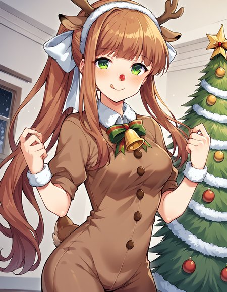score_9, score_8_up, score_7_up, source_anime, <lora:ddlc-monika-ingame-ponyxl-lora-nochekaiser:1>, monika, blunt bangs, brown hair, green eyes, long hair, ponytail, ribbon, white ribbon, hair ribbon, sidelocks, medium breasts,, <lora:reindeer-costume-ponyxl-lora-nochekaiser:1>, reindeer costume, animal costume, reindeer antlers, antlers, fake antlers, reindeer hood, christmas, red nose, deer ears, deer tail, christmas tree, bell, horns, reindeer,, blush, smile, tongue out, looking at viewer,, , dutch angle, cowboy shot