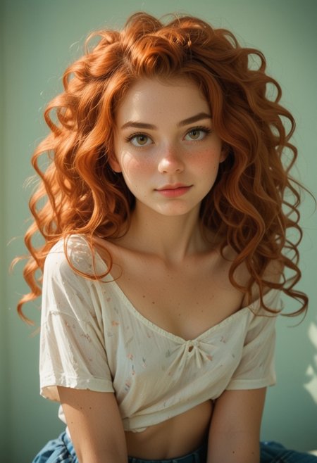 score_9, score_8_up, score_8_up,Merida from Brave, redhead, sexy, flirty, cute face, blue eyes, thick messy hair, (smile:0.4), boob cleavage, wavy hair, long hair, cute face, (freckles:1.2), ((blush)) highly detailed face, god rays, (hard tits), freckles on cheeks, small firm breasts, freckled breast, youthful tits, sharp outlining, high contrast, skimpy skirt, photorealistic, real photo, void background,  adorable girl ,realistic,  tan skin, hazel eyes, freckles, blush, big round eyes, tan skin, side portrait, dramatic light, dramatic pose, dramatic angle, (shirt lift:1.2), glowing, ((freshly fucked, satisfied, oxytocin high, post sex)), (masturbating:1.7)