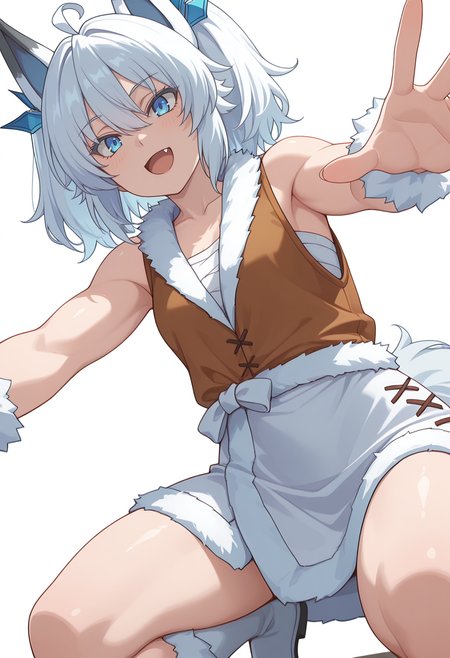 Smooth Quality,masterpiece,very intricate, high quality details, ultra realistic, high detailed skin,detailed enviorement,absurdres,
simple background, white background, 
from below,kneeling pose, one hand on the ground, other hand reaching forward, focused gaze, tense muscles,  ,happy,
haori,  ,button-up vest, ,wrap skirt,  ,
 <lora:Setsuna_cnn:0.8>setsunacnn,1girl, short hair, hair between eyes,blue eyes, white hair, ahoge, twintails, fang,fur trim,