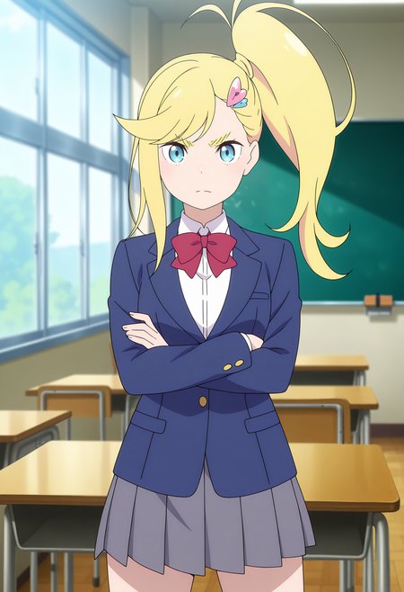 anime screencap, masterpiece, best quality,
<lora:ReZero_Minerva_IlluXL:0.9>,
1girl, solo, closed mouth, v-shaped eyebrows,
asymmetrical hair, swept bangs, high side ponytail, long hair, blonde hair, blue eyes, hairclip,
blazer, blue jacket, red bowtie, collared shirt, white shirt, pleated skirt, grey skirt, 
crossed arms, standing, looking at viewer, cowboy shot,
indoors, window, desk, chalkboard, photo background, blurry background