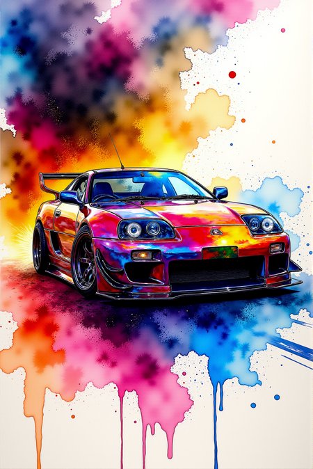 <lora:Vibrant_watercolor_v.21:0.99> Breathtaking alcohol ink art glowing brightly in  DGLO style which introduces a  Watercolorsketch style automotive fanart  sketchâa fascinating symphony of geometric precision of lines and shapes complimented by meticulously rendered details, captured in   VibrantlySharp style which consists of fluid and vibrant colors, unpredictable patterns, organic textures, translucent layers, abstract compositions, ethereal and dreamy effects, free-flowing movement, expressive brushstrokes, contemporary aesthetic, wet textured paper. Award-winning, professional, highly detailed.