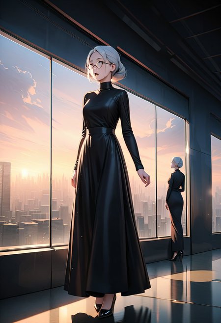(graphic novel style, dark novel style:1.5),(anime), (masterpiece:1.4), (soft cinematic light:1.1), incredibly lifelike, Extremely high-resolution details, 8k, best quality,extremely detailed, contrast,
high tech design,
 gallery of contemporary art, inside, a old woman walking against the backdrop of a giant floor-to-ceiling window, through which one can see a city landscape with skyscrapers and a sunset ,fullbody, open mouth, one ((elderly)) woman in a ((black long dress)) and black high-heeled shoes, elderly, old woman, [Nordic], Hourglass elongated body, Oval Face, Long neck, Rounded shoulders, long slim thin arms, Attached Pointed ears, round forehead, (gray Updo short combed back hair), snub nose, Arched eyebrows, Monolid black Eyes, High Round Narrow cheekbones, Hollow Cheeks, Rounded Chin, Rounded Jawline, thin Lips, (black eyes), (square glasses), Wrinkles and Fine Lines,