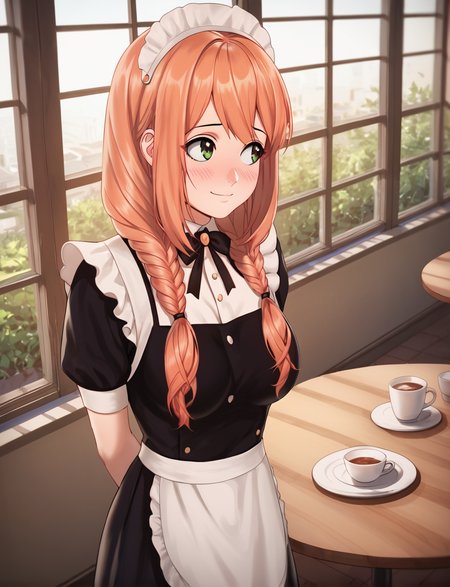 score_9, score_8_up, score_7_up, score_6_up, 1girl,  solo, solo, ((cafe background, cafe, tables, windows, walls)), (Himitsu_LMR), maid outfit, wide hips, big breasts, smile, posing, happy, twintails, high angle, looking away, shy, heavy blush, hands behind back, beautiful lighting, <lora:Himitsu_LMRv2:0.8>