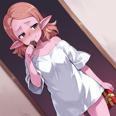 1girl, chronoa, pink skin, black eyes, orange hair, medium hair, by harada takehito, by seura isago, by kenkou cross, by atte nanakusa, shirt only, oversized shirt, long ears, ear blush, nose blush, ribbon, box of chocolates, dutch angle,  smug, raised eyebrows, masterpiece, best quality, amazing quality, very aesthetic, absurdres, highres, newest,   <lora:Chronoa_IL:.8> <lora:Seura Isago (Artstyle) [Illustrious]_epoch_5:.5> <lora:Atte_Nanakusa IL:.3> <lora:monsterGirlXL_il_lokr_V5311P:.3> <lora:DisgaeaXLV3:.2>