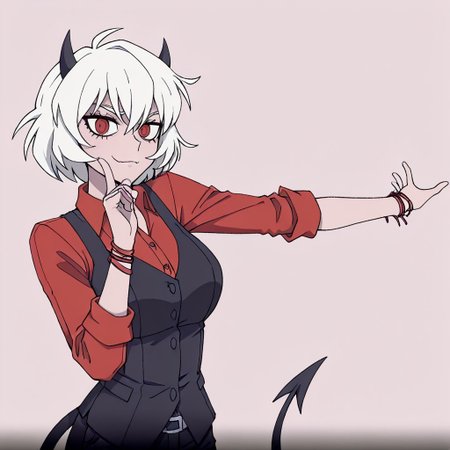 masterpiece, best quality, newest, absurdres, highres, anime, anime style, 1girl, malina (helltaker), demon girl, short hair, white hair, horns, demon tail, ONKDDV1.0, dance, finger to cheek, hoshino ruby dance, outstreched arm, pointing at self,