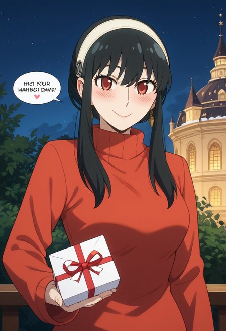 score_9, score_8_up, score_7_up, source_anime,  
BREAK,
happy and in love, gentle smile, looking at viewer, Expressiveh, yor briar, black hair, red eyes, sidelocks, hairband, short hair with long locks, white hairband, medium breasts, dress, long sleeves, red sweater, sweater, sweater dress, 1girl, solo, wide hips, blush, text bubble, hearts, 
standing, standing straight, one hand on hip, upper body, portrait, holding a heart-shaped gift box, 
night, in a luxurious palace rooftop near the beach, outdoors,