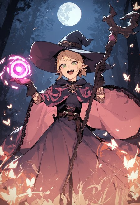 score_9, score_8_up, score_7_up,
1girl, pointed ears, blonde, green eyes, flat breasts, short bang ponytail,
holding staff, witch clothes, pink silk robe, lace sleeves, witch hat,
forest, flying fireflies, night, moon, stars,
smile, looking at viewer,  open mouth, gloves , casting spell,
front view,
<lora:Gogalking_-_style:0.8>, gogalking,