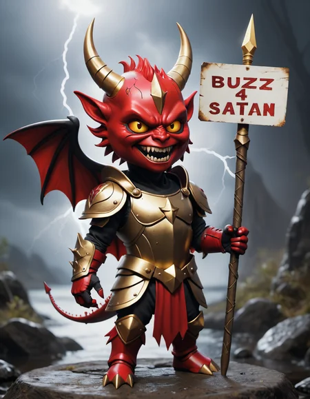 "BUZZ 4 SATAN" text on a sign, lightning bolt symbol, demon_horns, demon_wings, demon_tail, holding_trident, cute, golden_armor  <lora:texta:0.9>, red_face, white_fangs, holding a sign