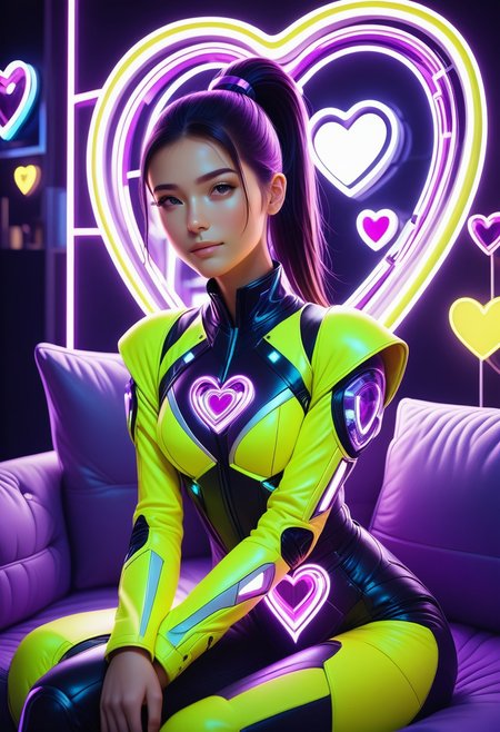 (((masterpiece))) , (((best quality))) , 2d, 8k. 1 woman, high ponytail, leaning on a neon purple couch with neon yellow pillows, the pillows are formed as a heart, SeijSDXL <lora:SeijSDXL-000006:0.7>, close up, portrait, looking at viewer, futuristic interior  <lora:FuturisticInteriorStyle:0.6> <lora:SDXLFaeTastic2400:0.5>